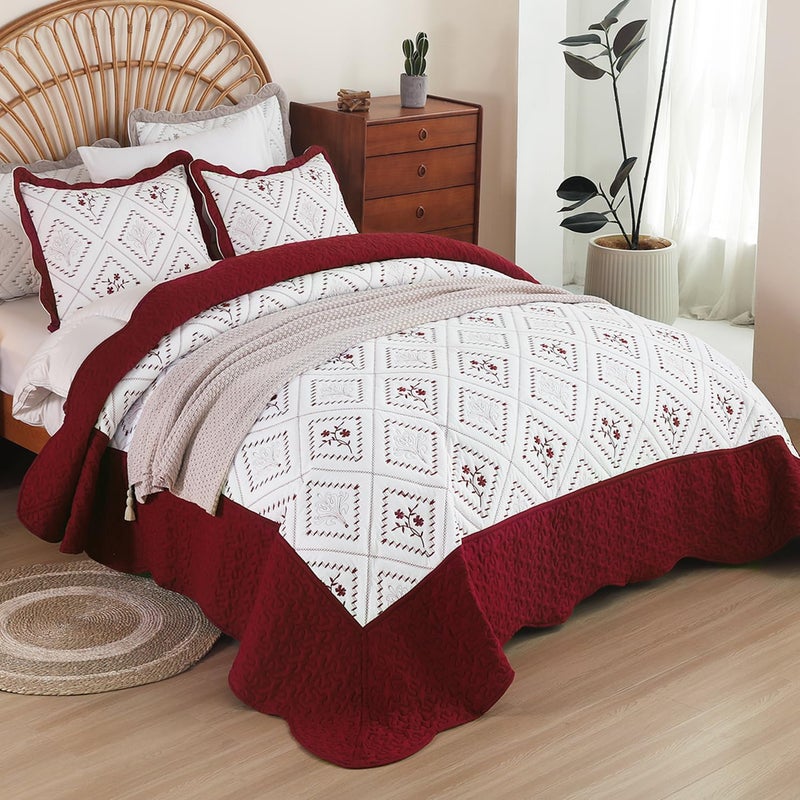 Cmfshape Floral Embroidery Quilt Set,3 Pieces King Size Quilt Bedding Set,Classic Diamond Pattern Quilts,Ultra Soft Lightweight Reversible Bedspread Coverlets for All Season(Burgundy,104"x90") - Image 3